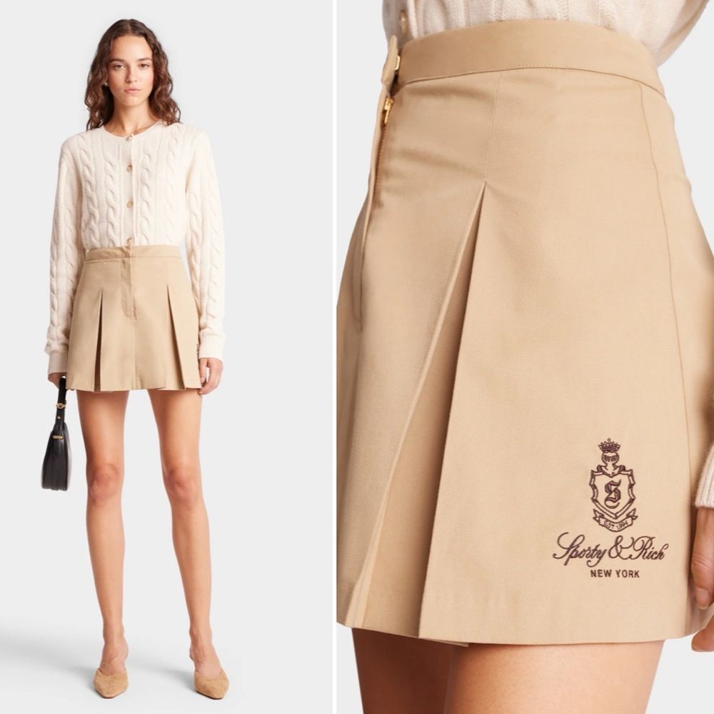 NWT Sporty & Rich Vendome Box Pleat Skirt - Beige/Chocolate size XL $225 MSRP